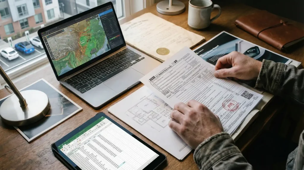 Property investment planning with maps and paperwork