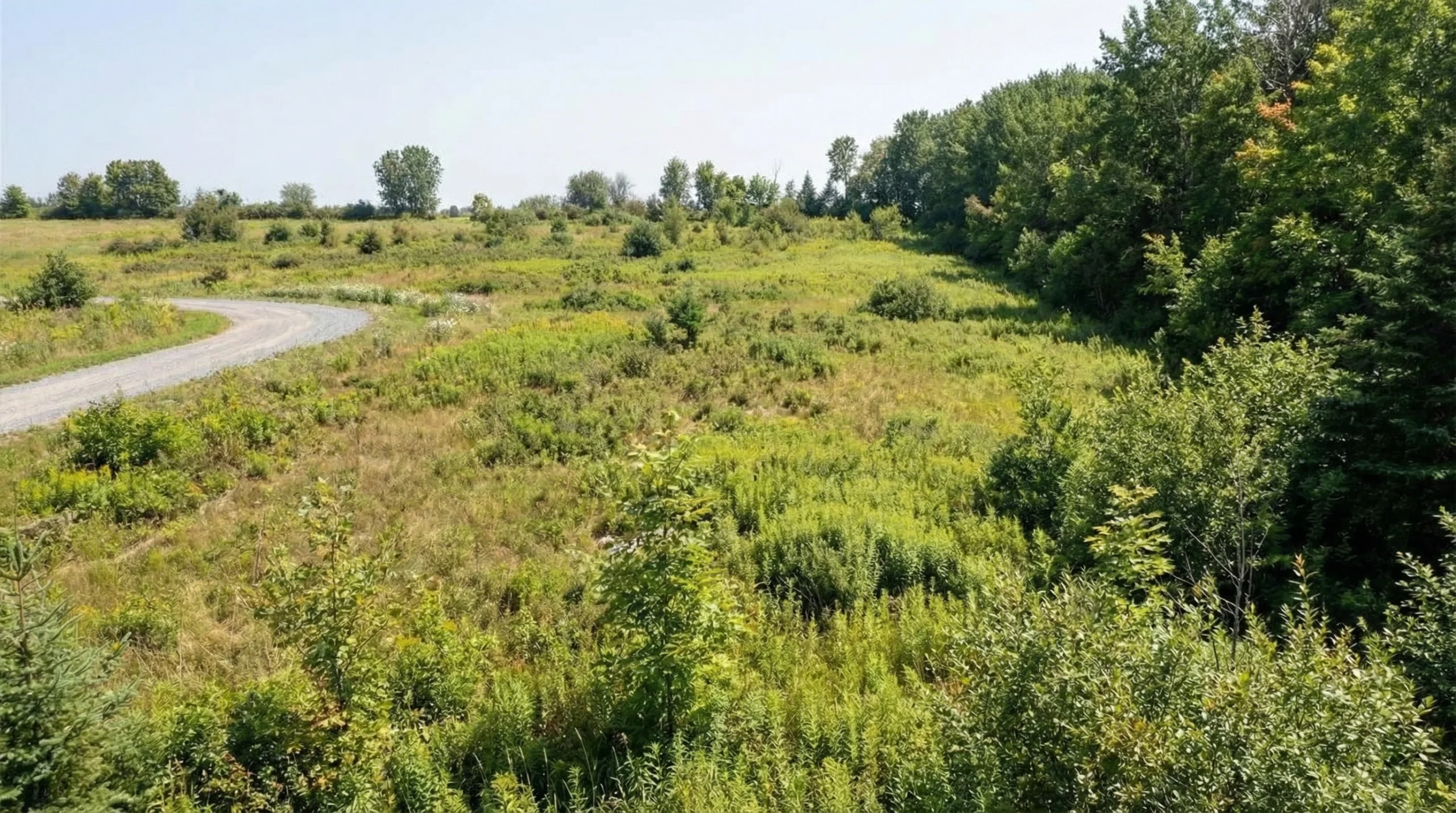 Open rural land with green vegetation and nearby road, ideal for real estate development