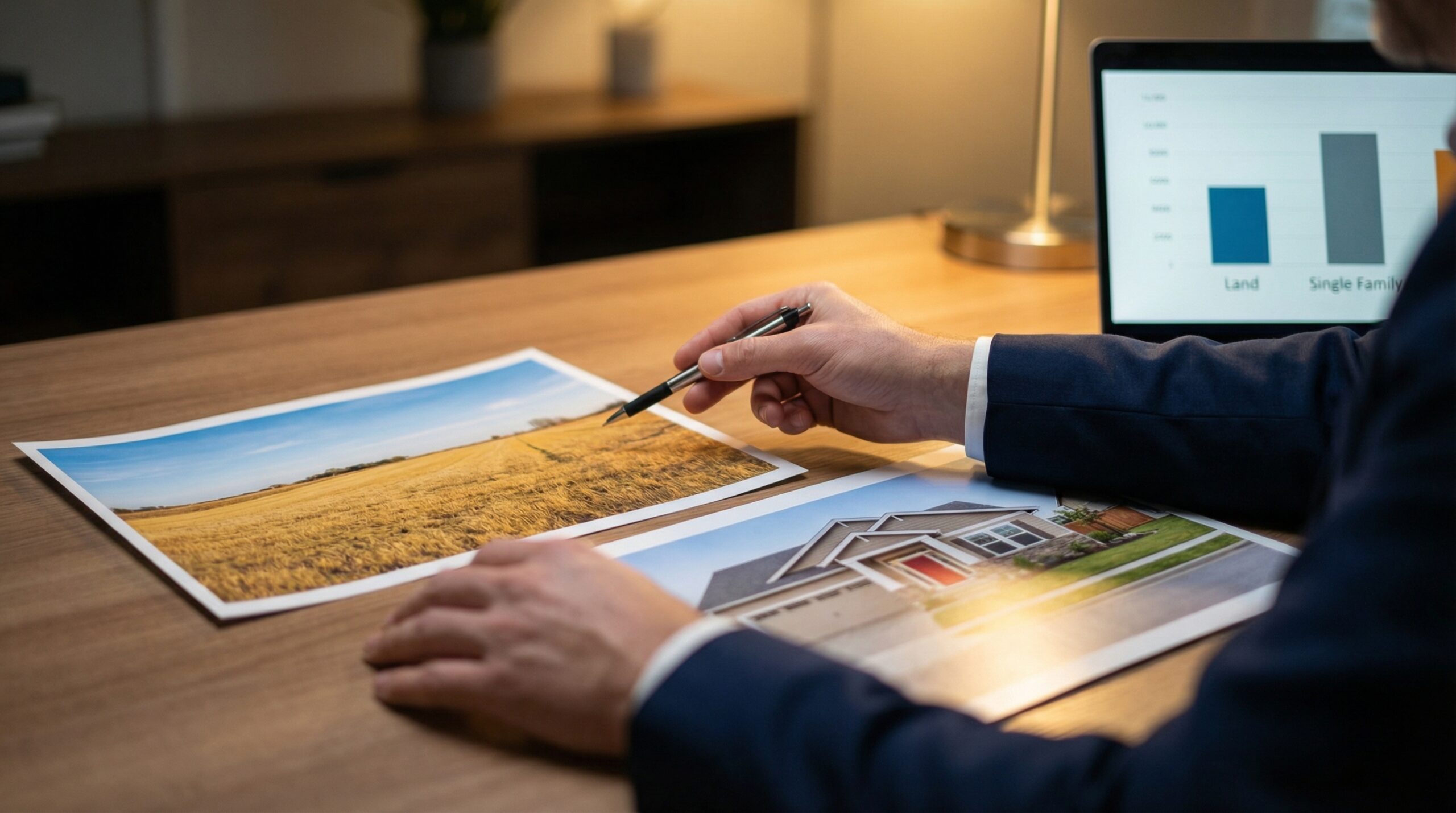 Real estate investor reviewing land and property photos before selling land for cash